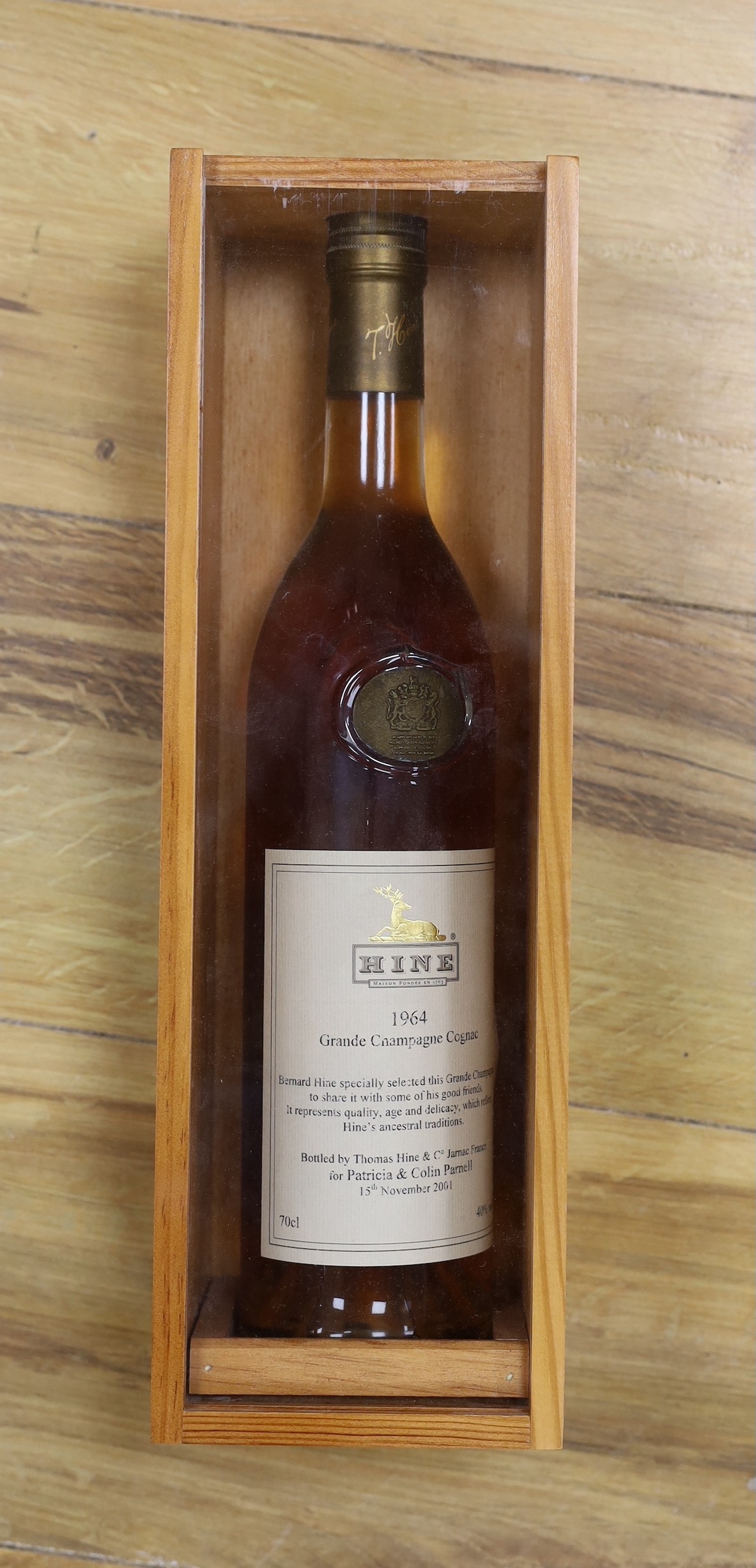 A cased bottle of Hine 1964 Grande Champagne Cognac.